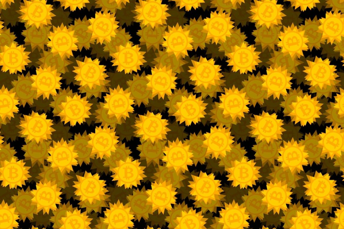 gold bitcoin logos featured on spiky-shaped coins on a darkened black background