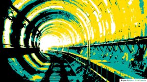 an illustration of an underground tunnel gong bending around a corner to the left using mostly green, yellow and black, with the light of the tunnel exit in the near distance